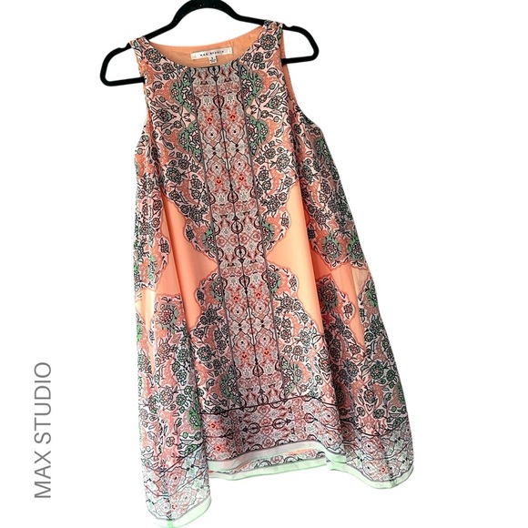 MAX STUDIO | NWOT SCARF PRINT SLEEVELESS SHIFT DRESS PEACH FLORAL | SIZE: SMALL - Picture 1 of 12